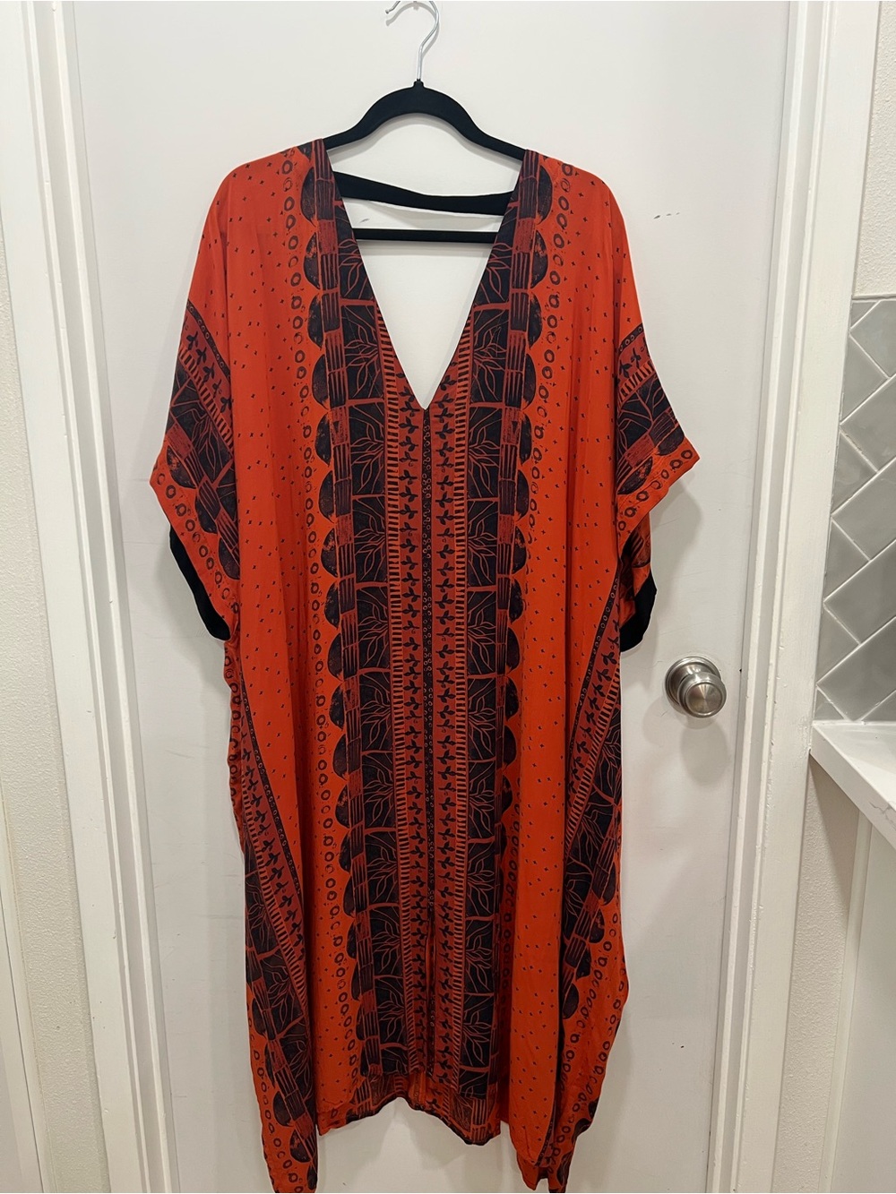 Urban Outfitters Orange & Black V-Neck Printed Caftan